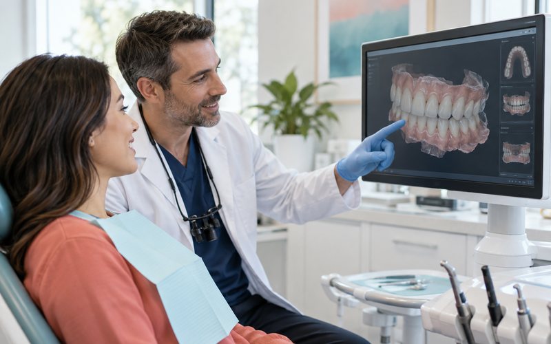 Dentist reviewing a 3D dental scan with a patient